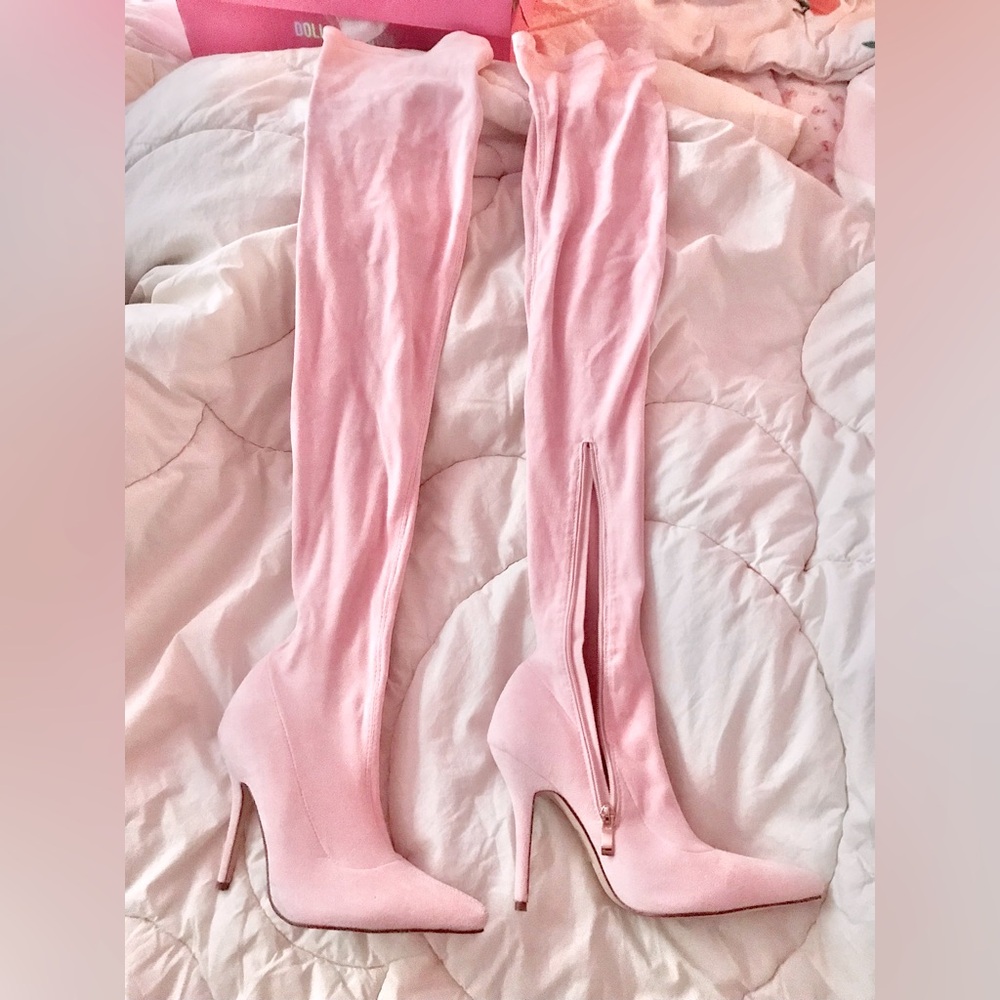 Azalea Wang pink suede thigh high boots